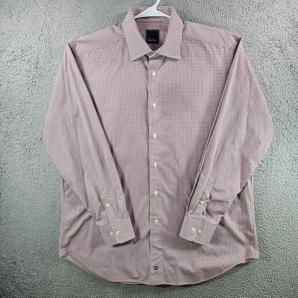 David Donahue Mens 17 34/35 Dress Shirt Burgundy Gingham‎ Cotton Long Sleeve